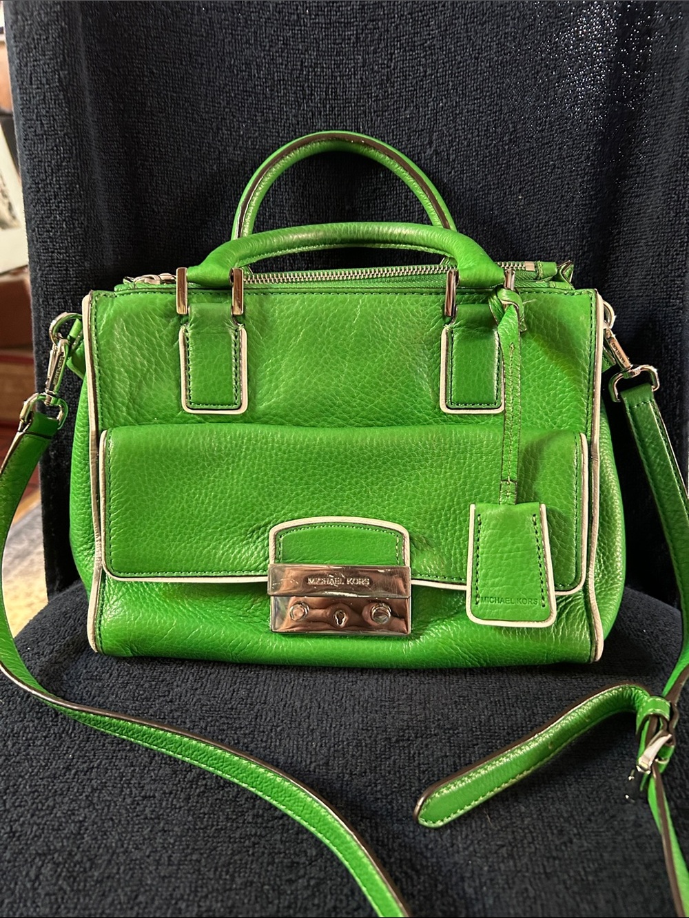 Michael Kors Palm Green Pebble Leather Satchel w White Piping Front Flap Pocket